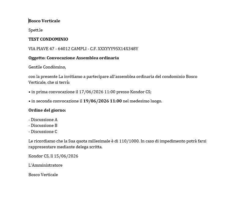 Lettera di convocazione generata dal template.