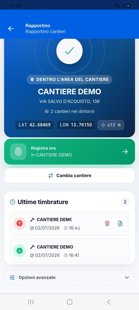 Home dell'app di cantiere.