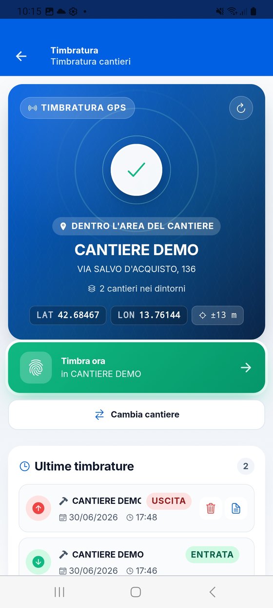 Timbratura GPS: presenza rilevata in cantiere.