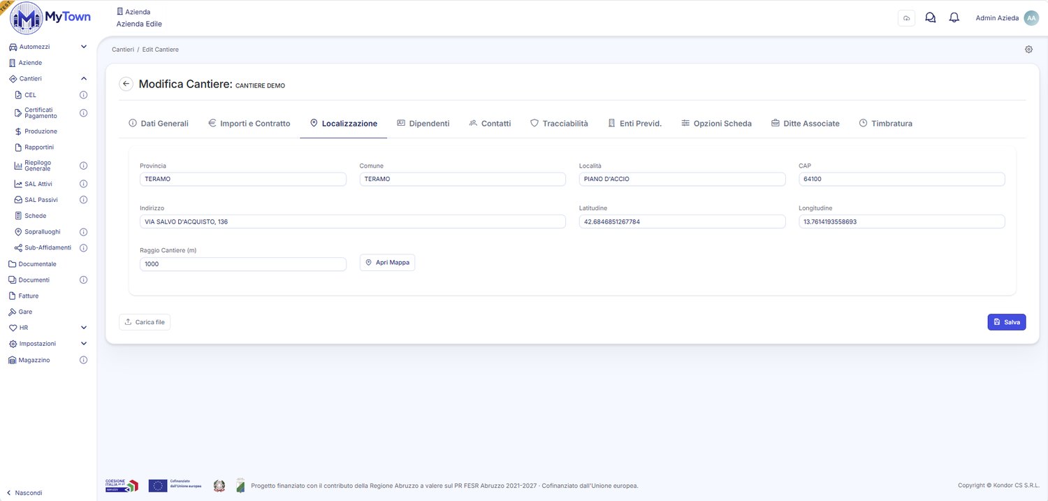 Tab Localizzazione: coordinate e raggio per il geofence.